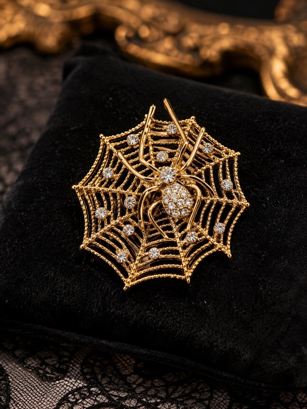 Spider‎ on Spiderweb Ring Gold and Crystal Statement Gothic Halloween